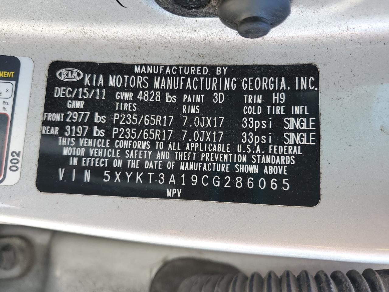 2012 Kia Sorento Base VIN: 5XYKT3A19CG286065 Lot: 62820065