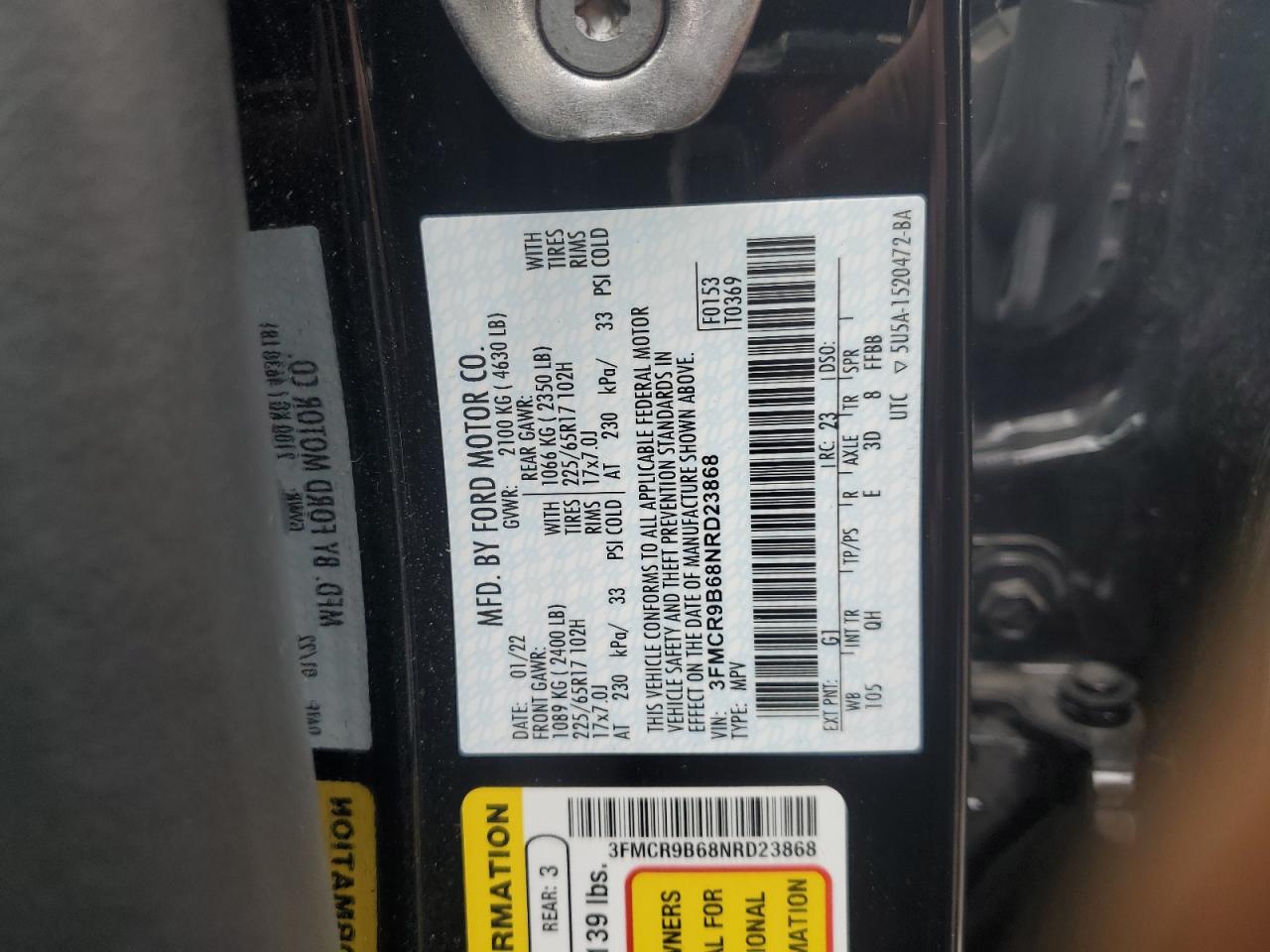 2022 Ford Bronco Sport Big Bend VIN: 3FMCR9B68NRD23868 Lot: 61786205