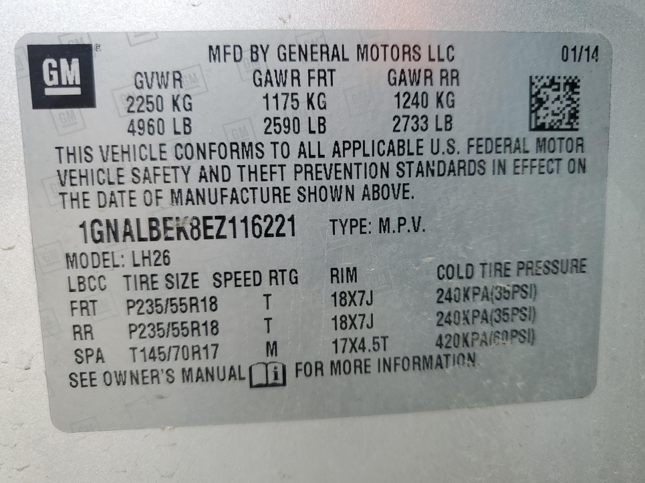 2014 Chevrolet Equinox Lt VIN: 1GNALBEK8EZ116221 Lot: 63059315