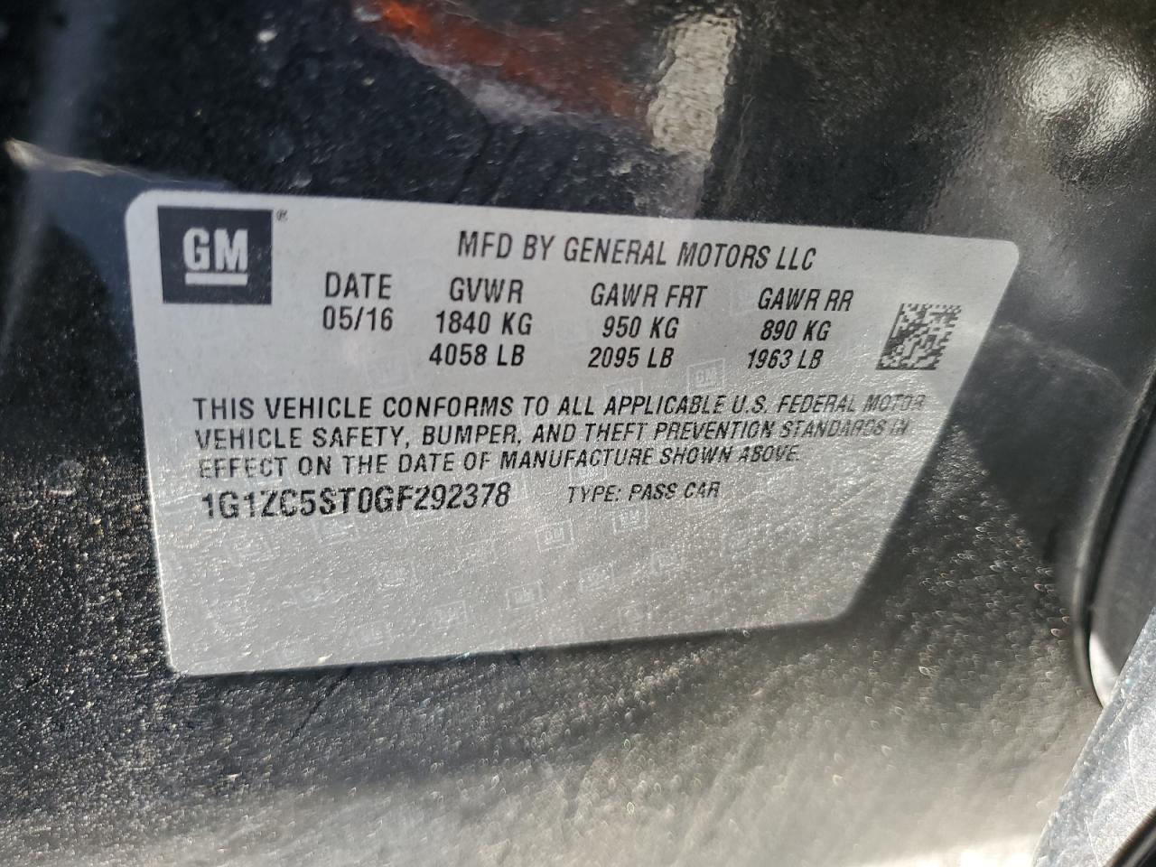 2016 Chevrolet Malibu Ls VIN: 1G1ZC5ST0GF292378 Lot: 63068085