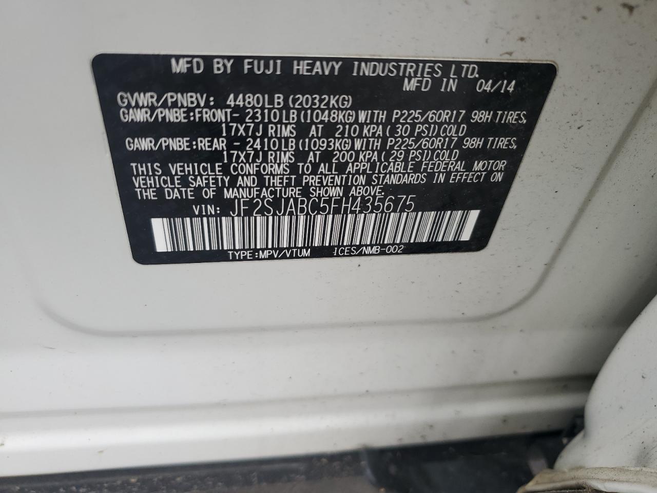 2015 Subaru Forester 2.5I VIN: JF2SJABC5FH435675 Lot: 62206125