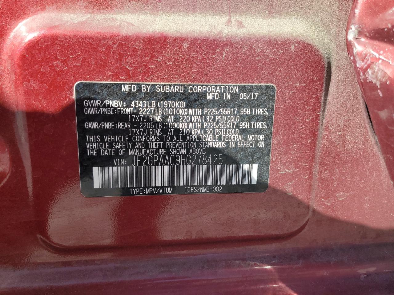 2017 Subaru Crosstrek VIN: JF2GPAAC9HG278425 Lot: 62170665