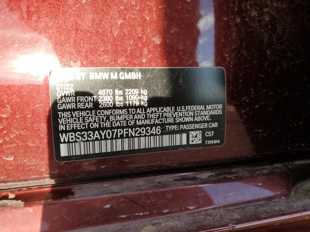 2023 BMW M3 Competition VIN: WBS33AY07PFN29346 Lot: 59164605