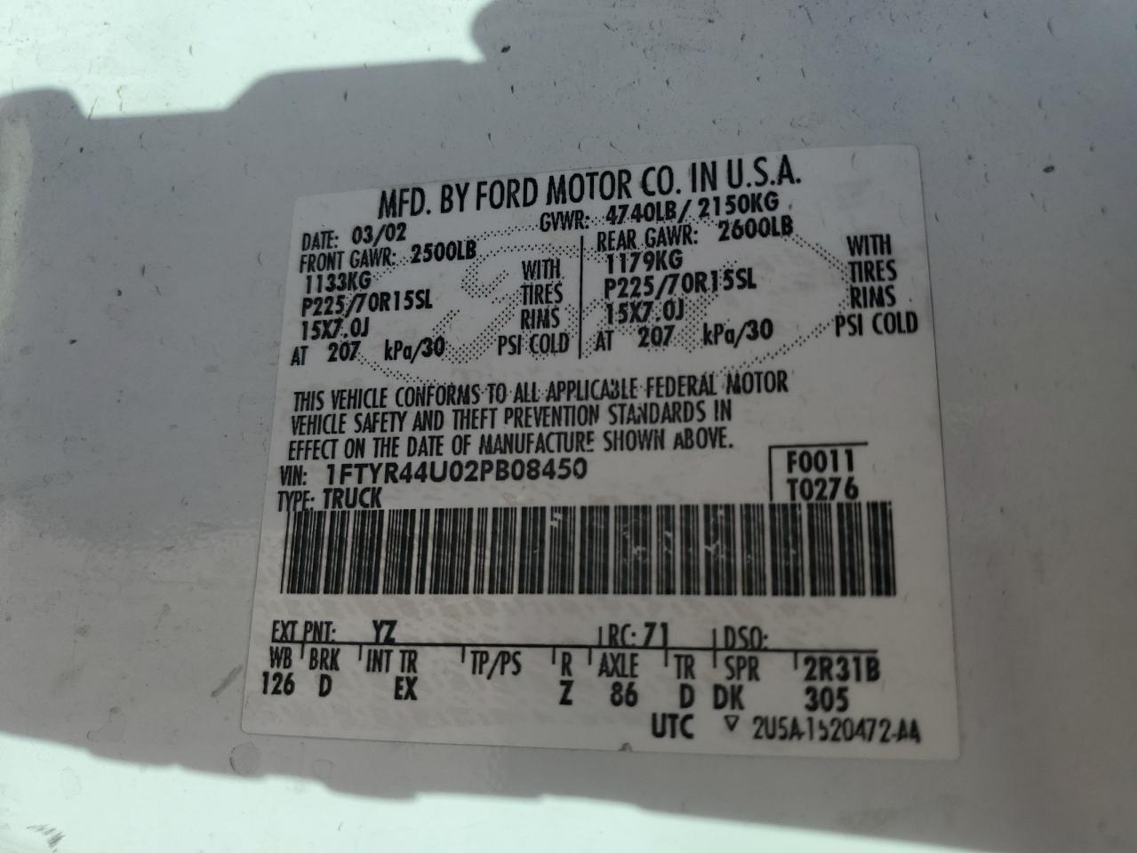2002 Ford Ranger Super Cab VIN: 1FTYR44U02PB08450 Lot: 62359945