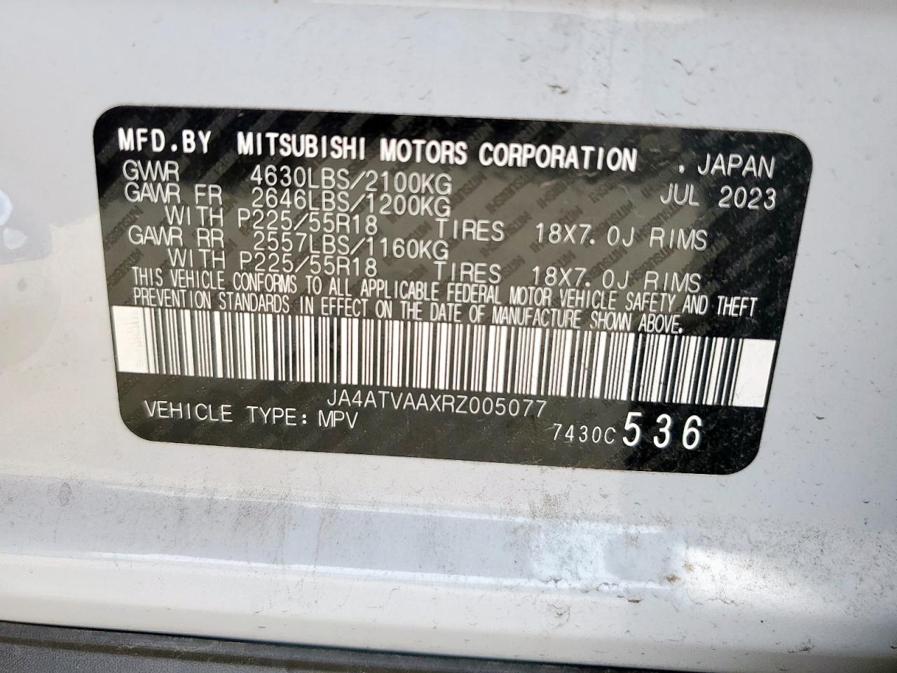 2024 Mitsubishi Eclipse Cross Le VIN: JA4ATVAAXRZ005077 Lot: 59604165