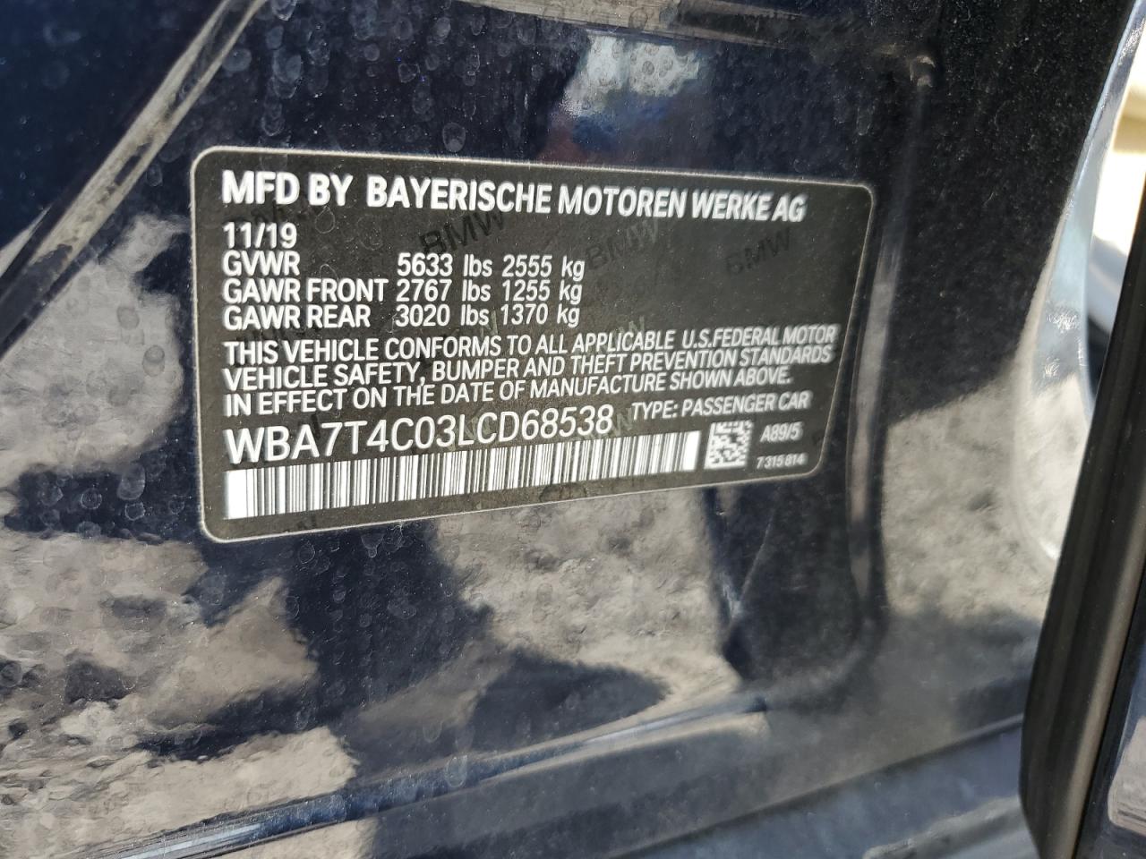 2020 BMW 740 Xi VIN: WBA7T4C03LCD68538 Lot: 62062905