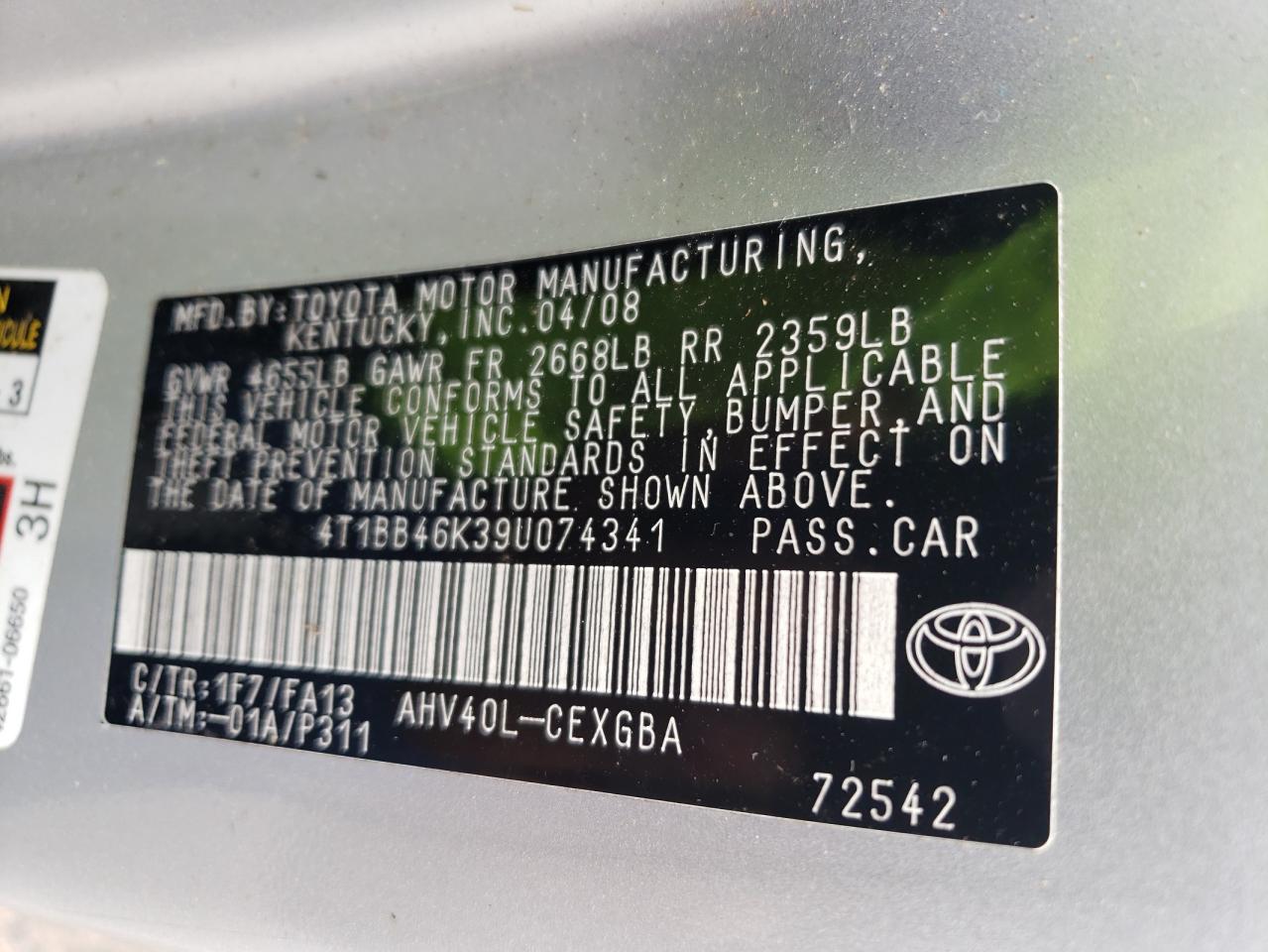 2009 Toyota Camry Hybrid VIN: 4T1BB46K39U074341 Lot: 61878215