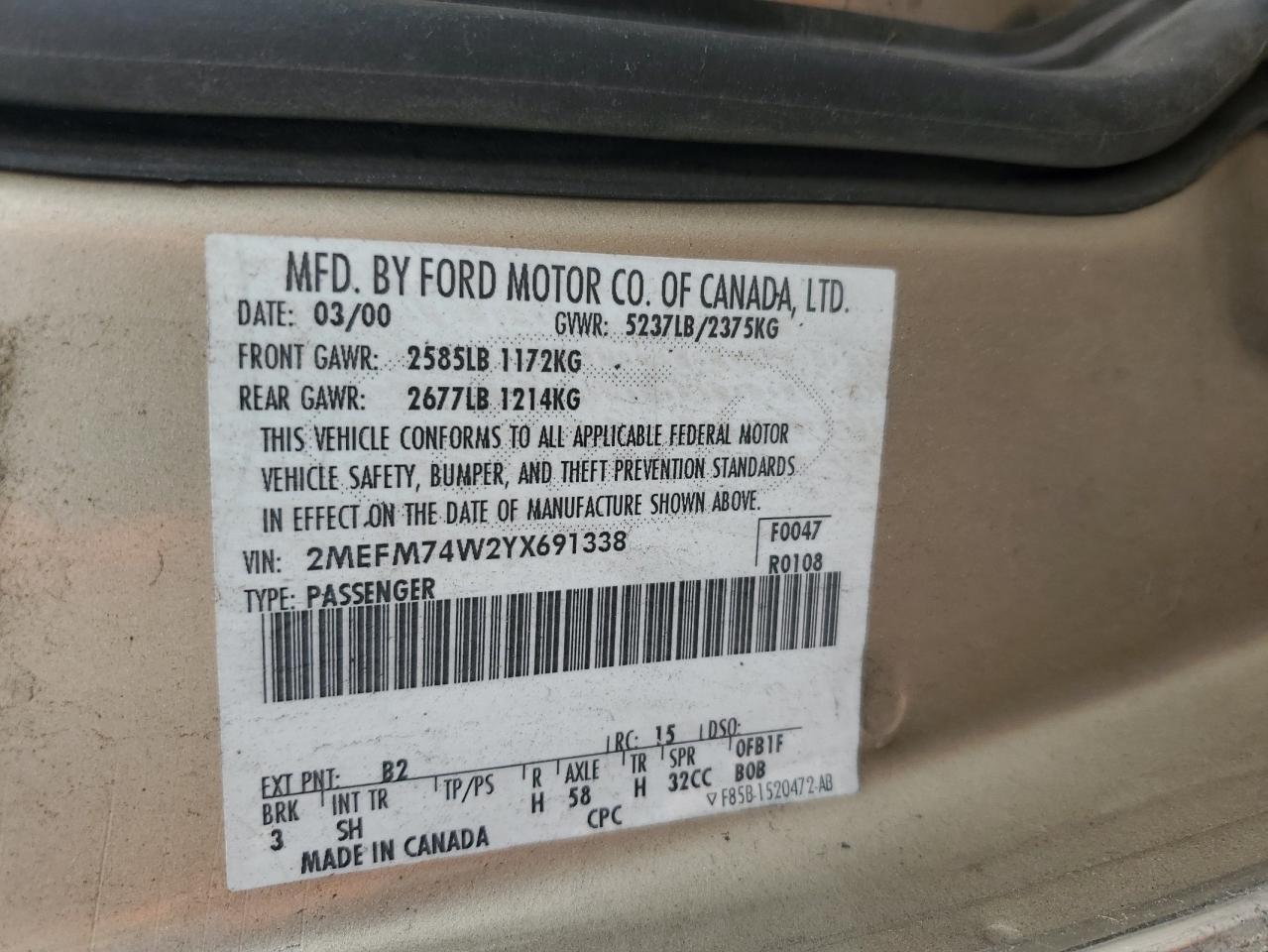 2000 Mercury Grand Marquis Gs VIN: 2MEFM74W2YX691338 Lot: 61262355