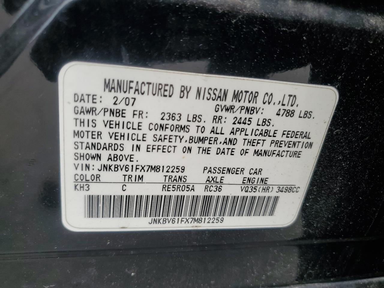 2007 Infiniti G35 VIN: JNKBV61FX7M812259 Lot: 61833665