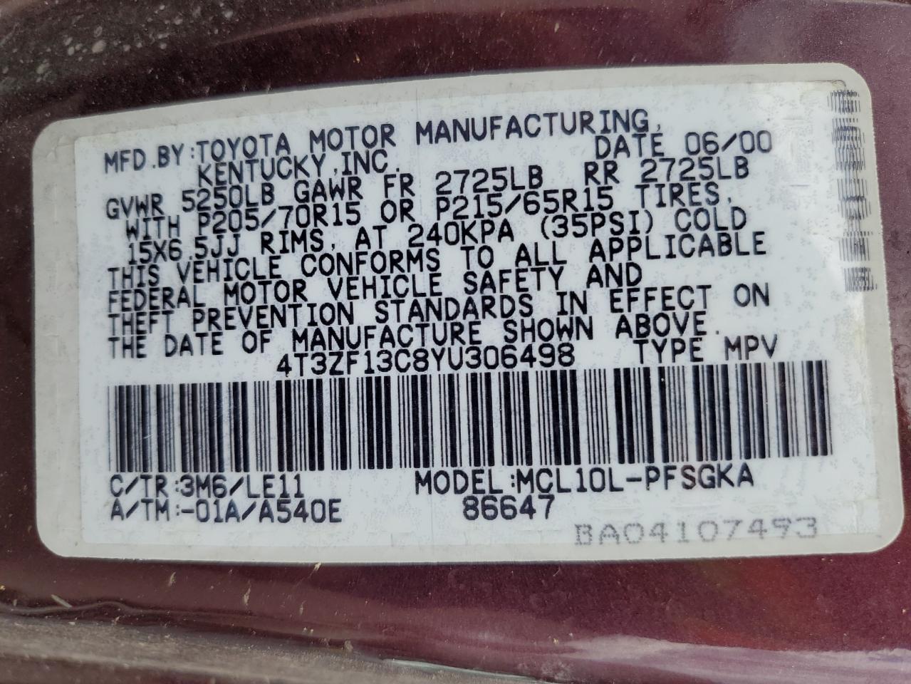 2000 Toyota Sienna Le VIN: 4T3ZF13C8YU306498 Lot: 60357305