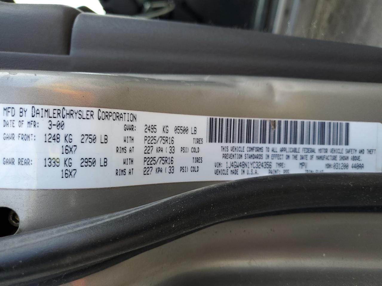 2000 Jeep Grand Cherokee Laredo VIN: 1J4GW48N1YC324356 Lot: 62011305