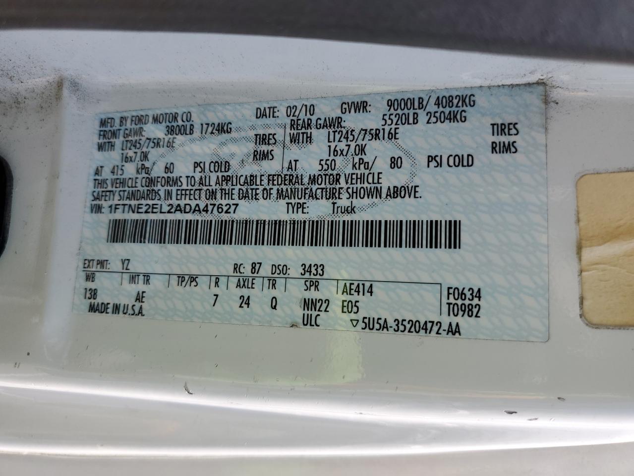 2010 Ford Econoline E250 Van VIN: 1FTNE2EL2ADA47627 Lot: 62460355