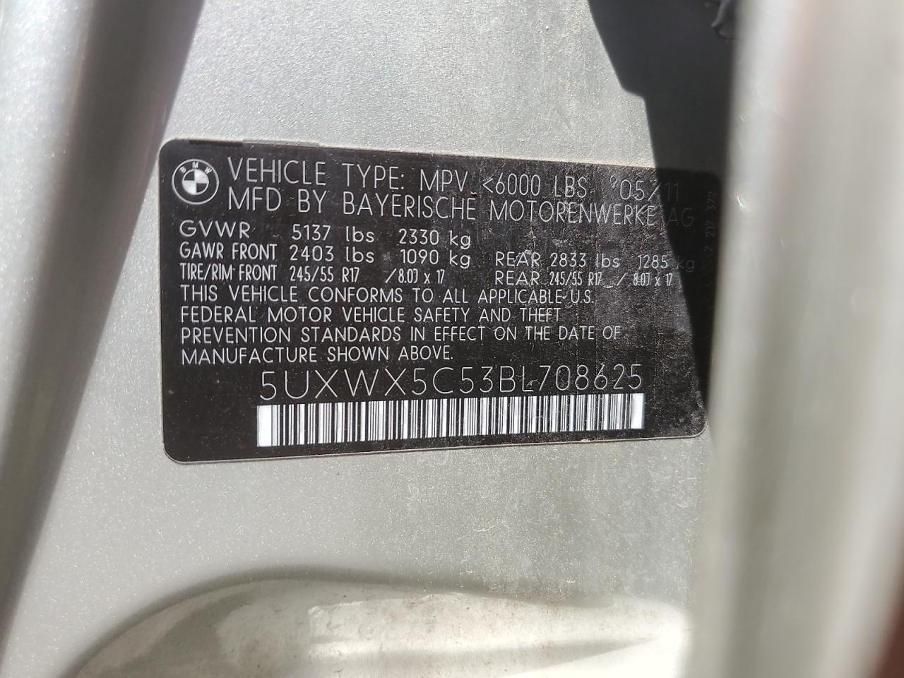 2011 BMW X3 xDrive28I VIN: 5UXWX5C53BL708625 Lot: 60166705