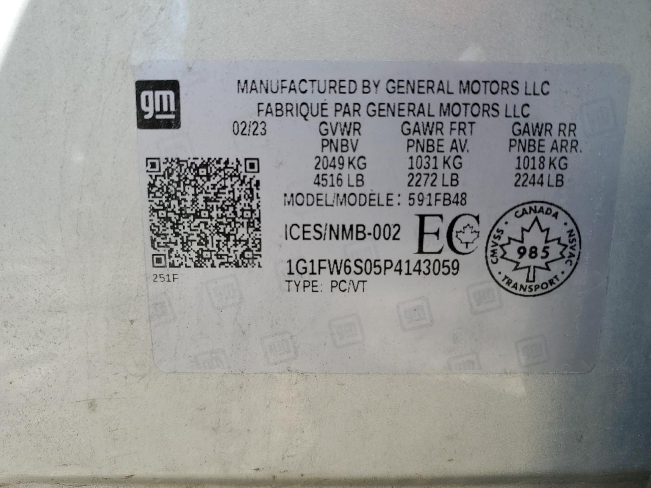 2023 Chevrolet Bolt Ev 1Lt VIN: 1G1FW6S05P4143059 Lot: 62175935