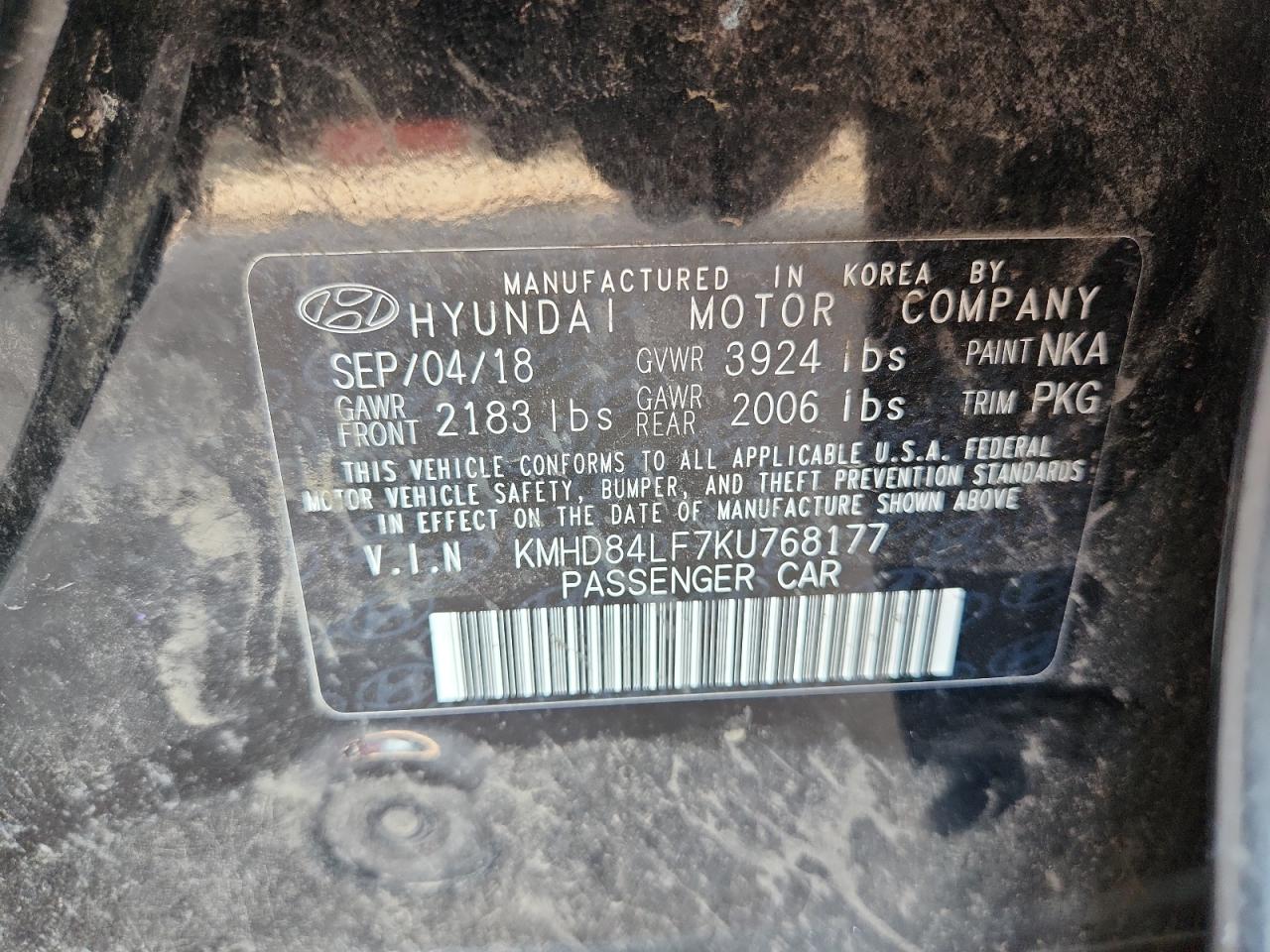 2019 Hyundai Elantra Sel VIN: KMHD84LF7KU768177 Lot: 60527445