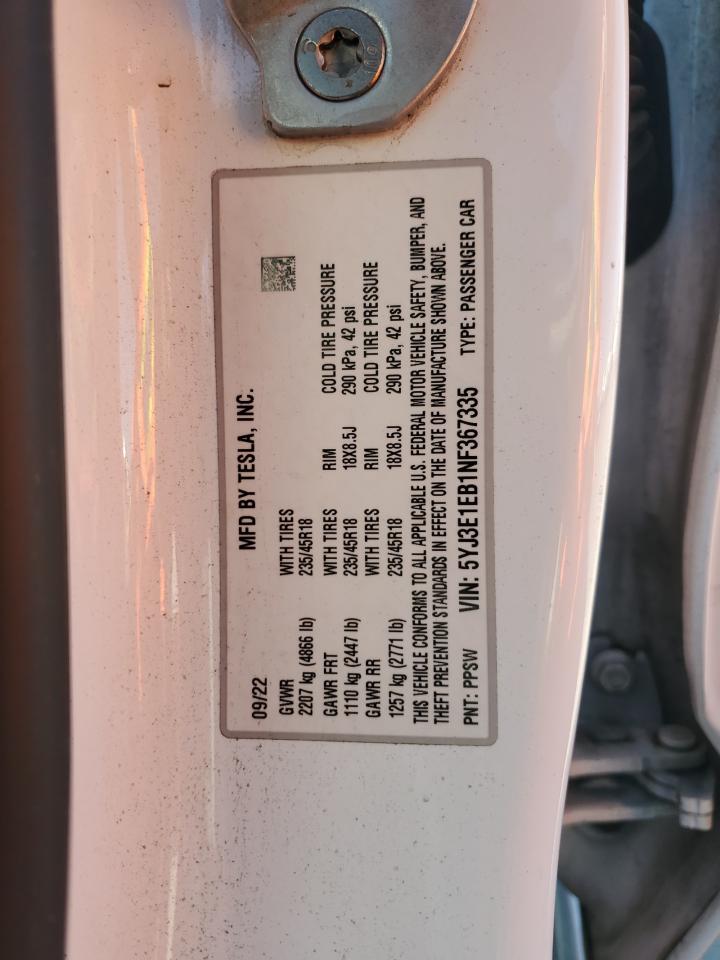 2022 Tesla Model 3 VIN: 5YJ3E1EB1NF367335 Lot: 60848985