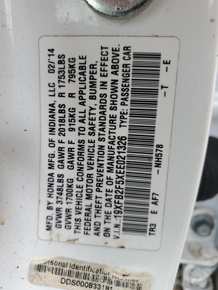 2014 Honda Civic Lx VIN: 19XFB2F5XEE021326 Lot: 60594565