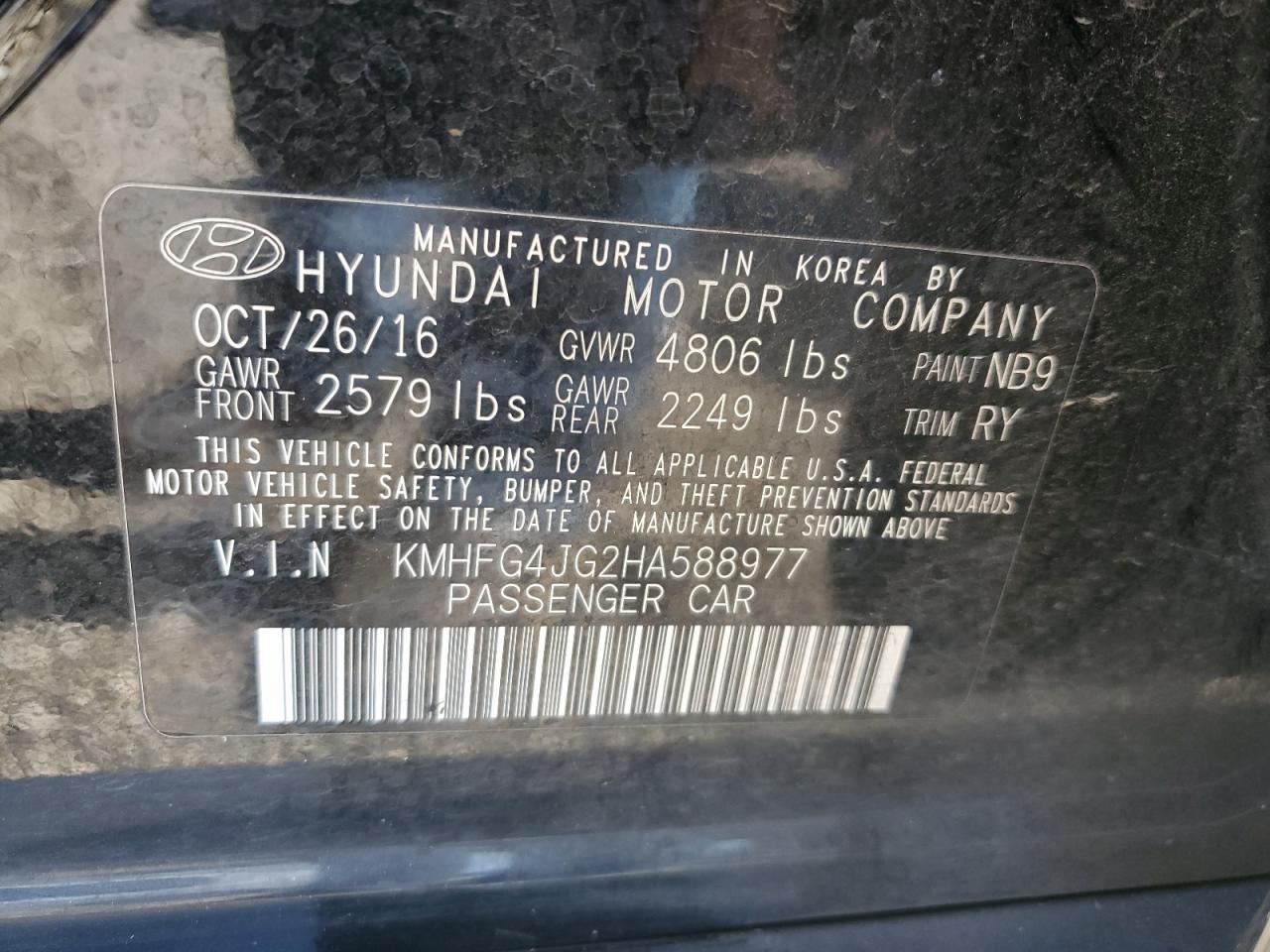 2017 Hyundai Azera VIN: KMHFG4JG2HA588977 Lot: 61007035