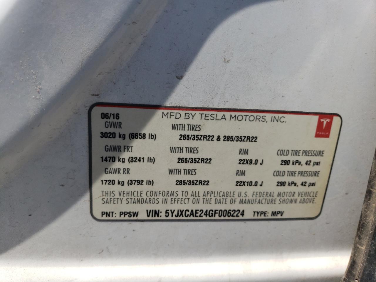2016 Tesla Model X VIN: 5YJXCAE24GF006224 Lot: 60705285