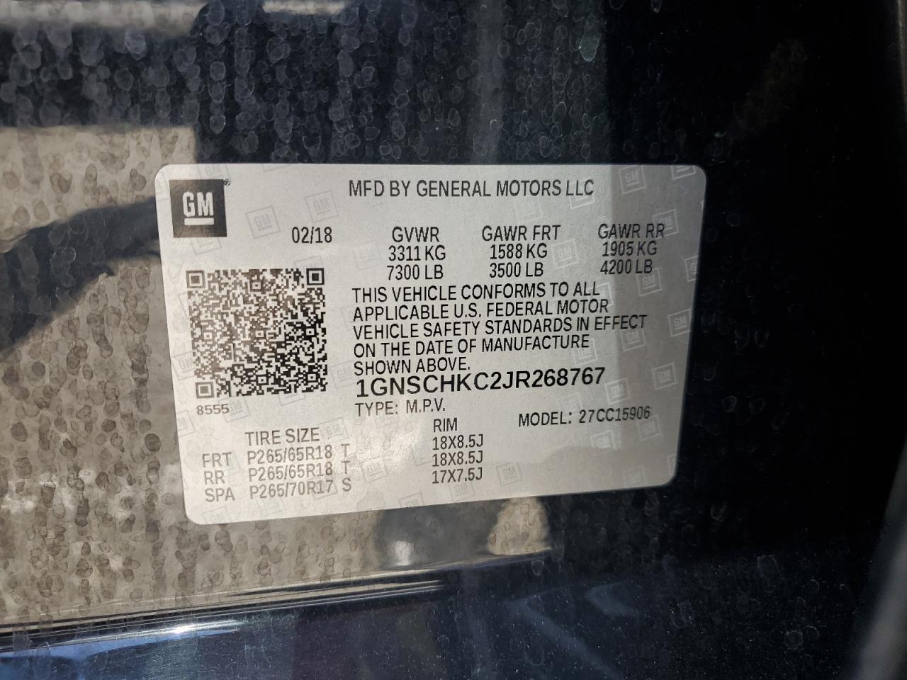 2018 Chevrolet Suburban C1500 Lt VIN: 1GNSCHKC2JR268767 Lot: 62789185