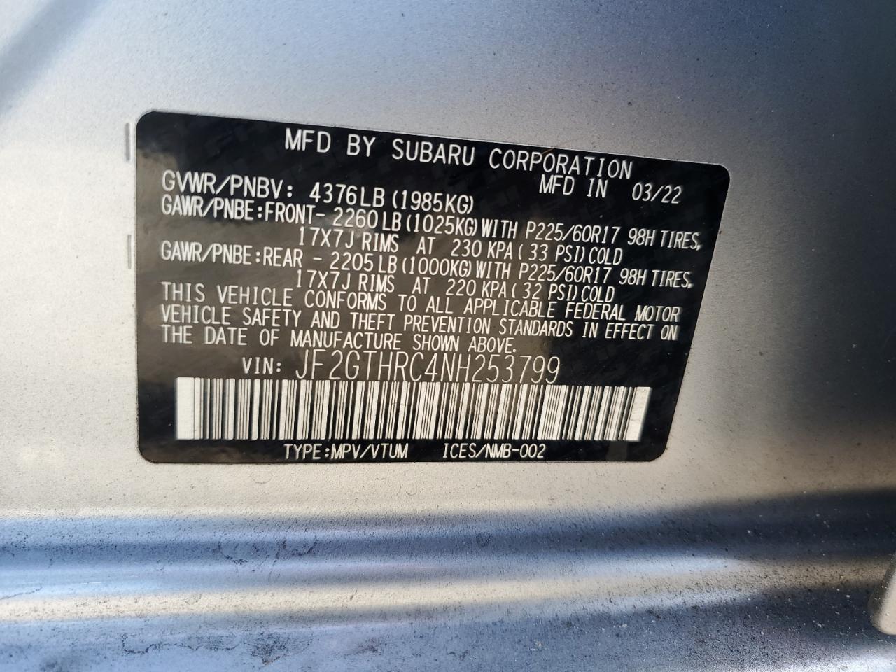 2022 Subaru Crosstrek Sport VIN: JF2GTHRC4NH253799 Lot: 59375435