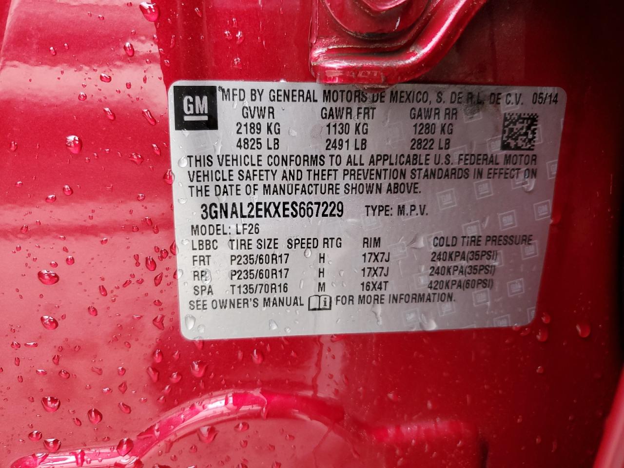2014 Chevrolet Captiva Ls VIN: 3GNAL2EKXES667229 Lot: 62781105