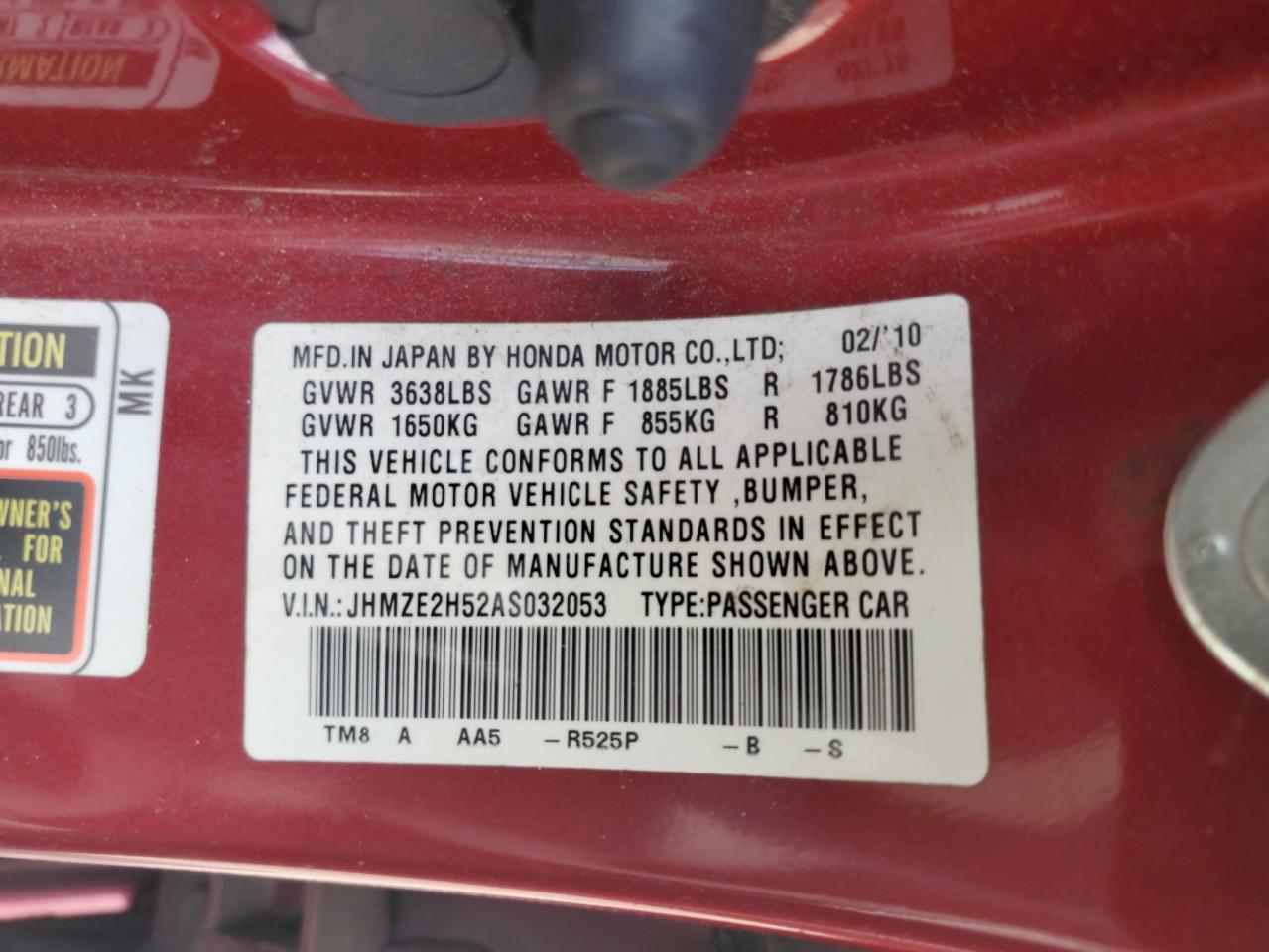 2010 Honda Insight Lx VIN: JHMZE2H52AS032053 Lot: 61343585