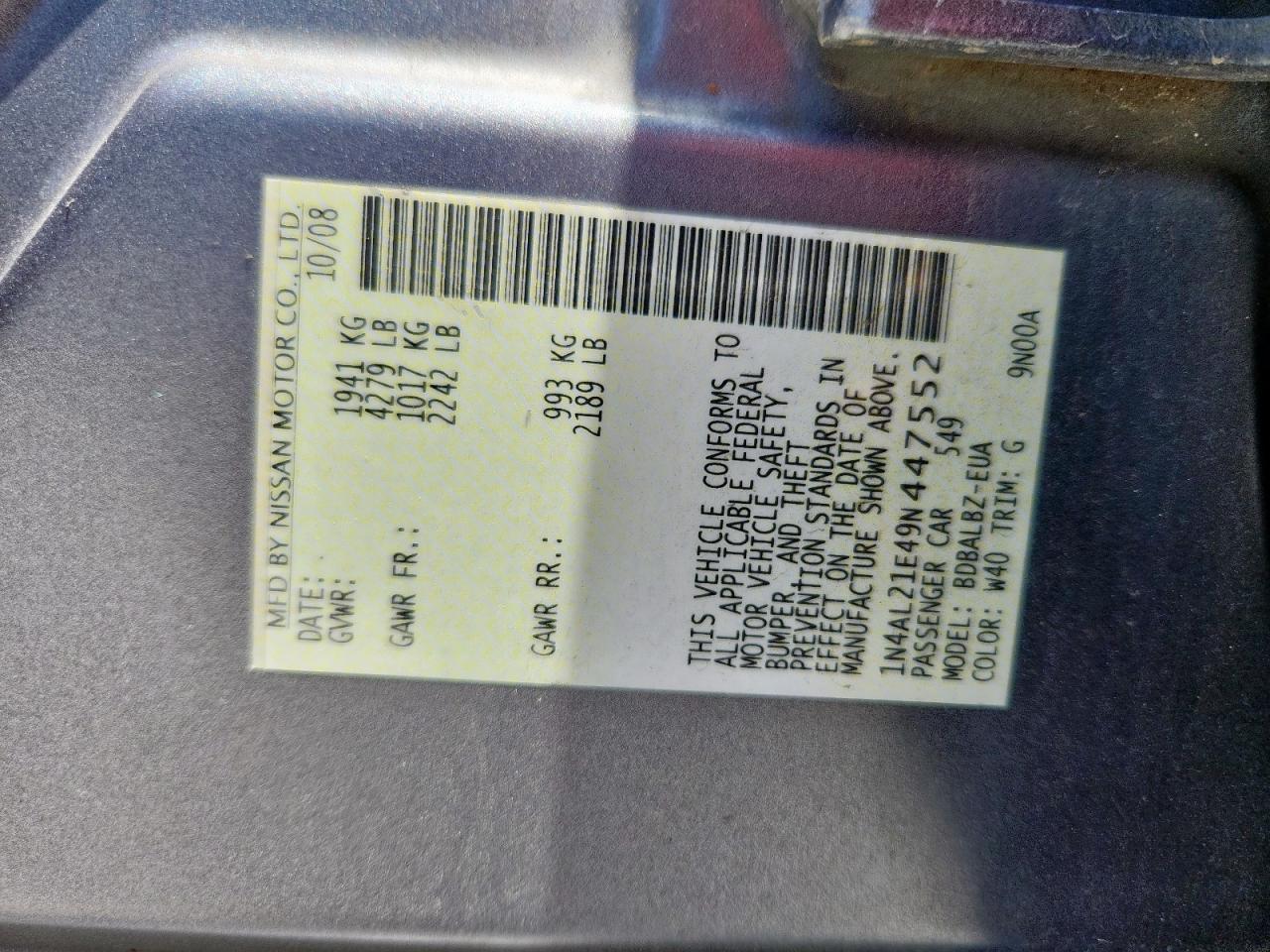 2009 Nissan Altima 2.5 VIN: 1N4AL21E49N447552 Lot: 62501875