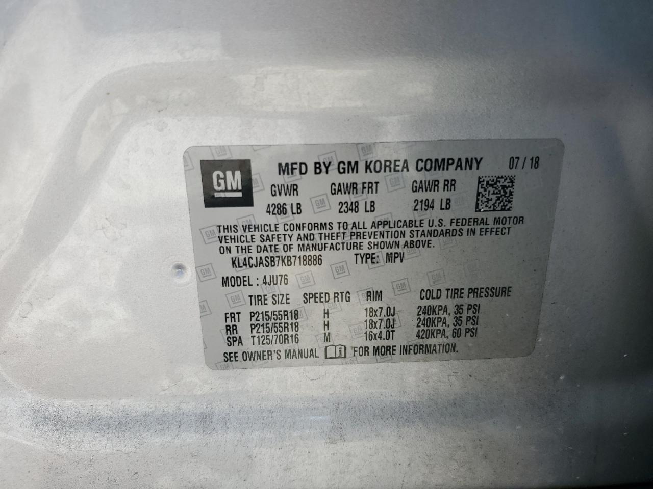 2019 Buick Encore Preferred VIN: KL4CJASB7KB718886 Lot: 62004695
