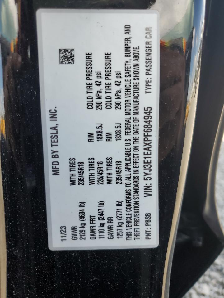 2023 Tesla Model 3 VIN: 5YJ3E1EAXPF684945 Lot: 62068615