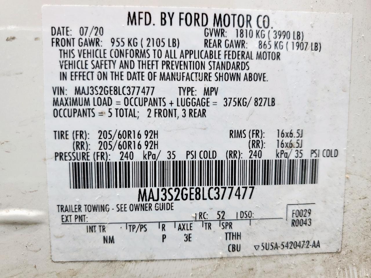 2020 Ford Ecosport Se VIN: MAJ3S2GE8LC377477 Lot: 63045925