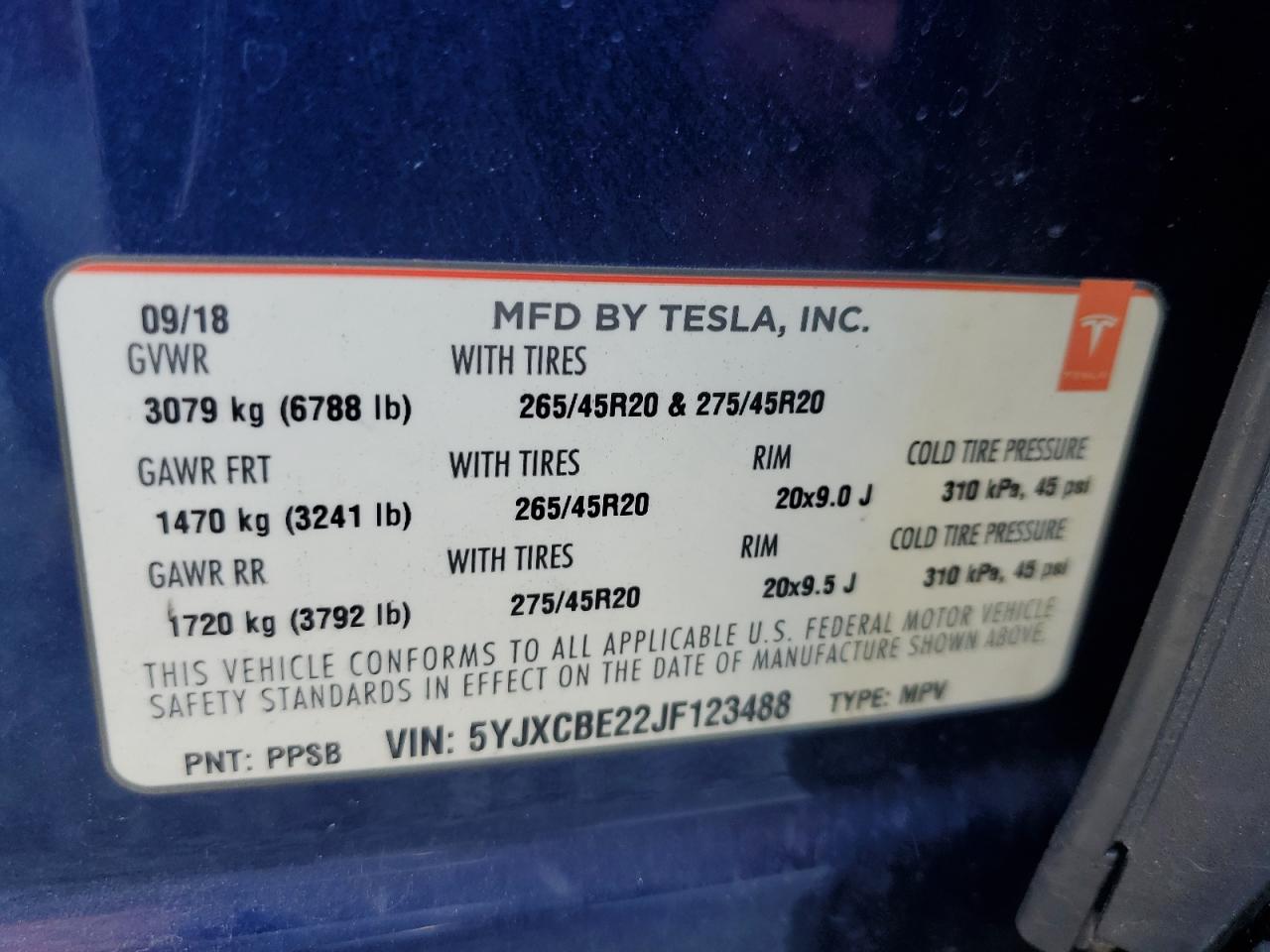 2018 Tesla Model X VIN: 5YJXCBE22JF123488 Lot: 61863235