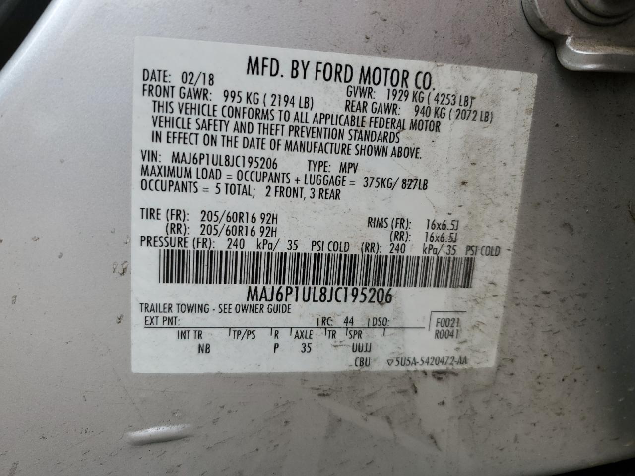 2018 Ford Ecosport Se VIN: MAJ6P1UL8JC195206 Lot: 93020225