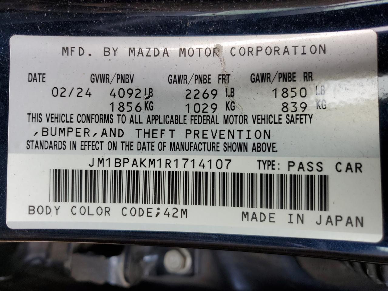 2024 Mazda 3 Select Sport VIN: JM1BPAKM1R1714107 Lot: 62999405