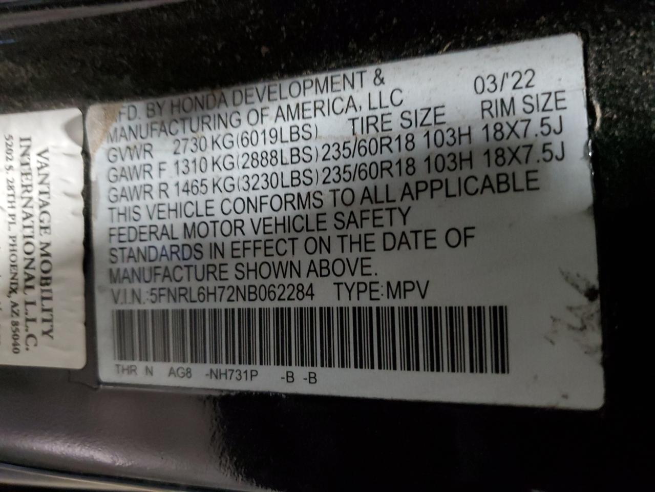 2022 Honda Odyssey Exl VIN: 5FNRL6H72NB062284 Lot: 60418055