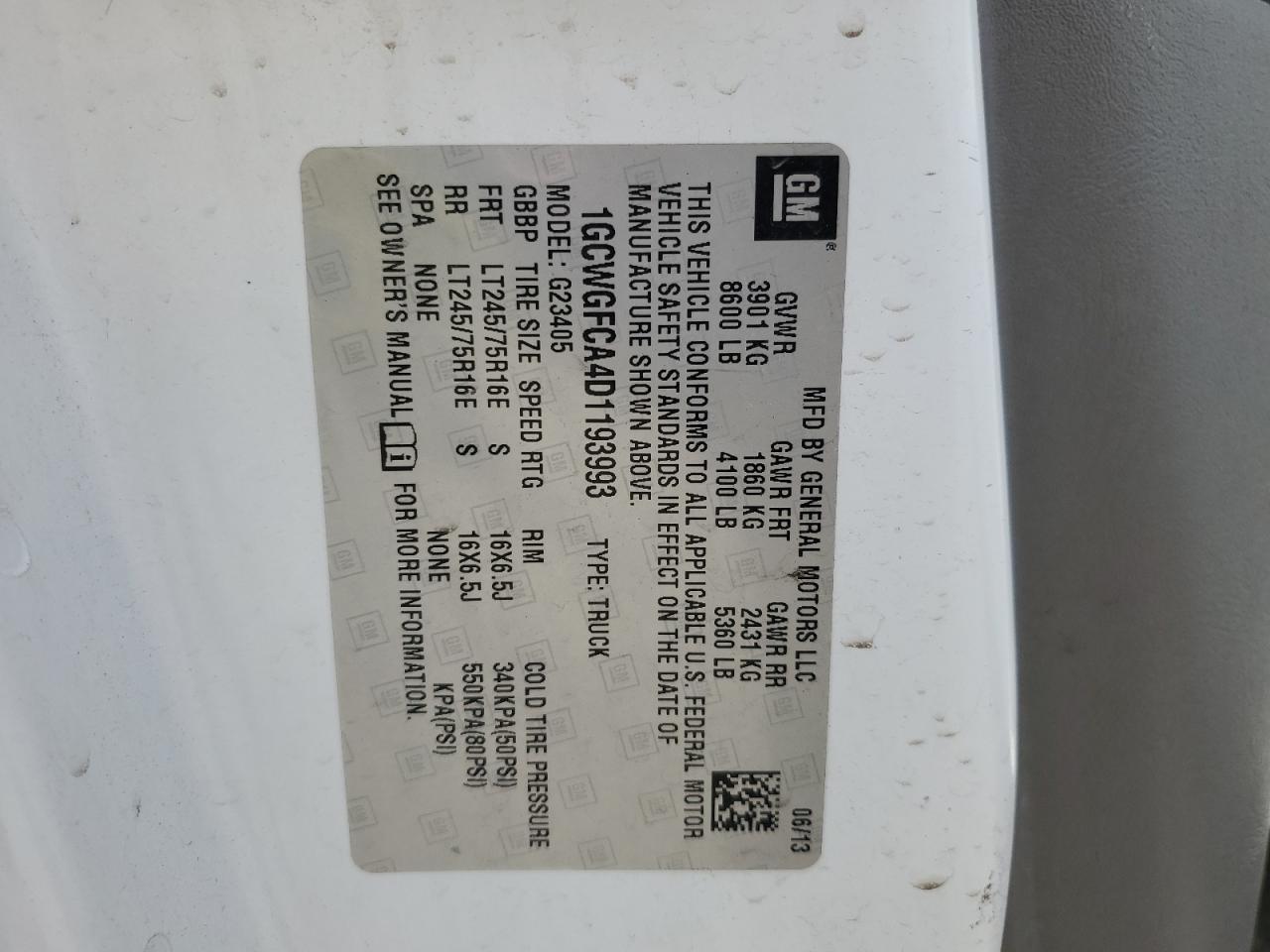 2013 Chevrolet Express G2500 VIN: 1GCWGFCA4D1193993 Lot: 61037425