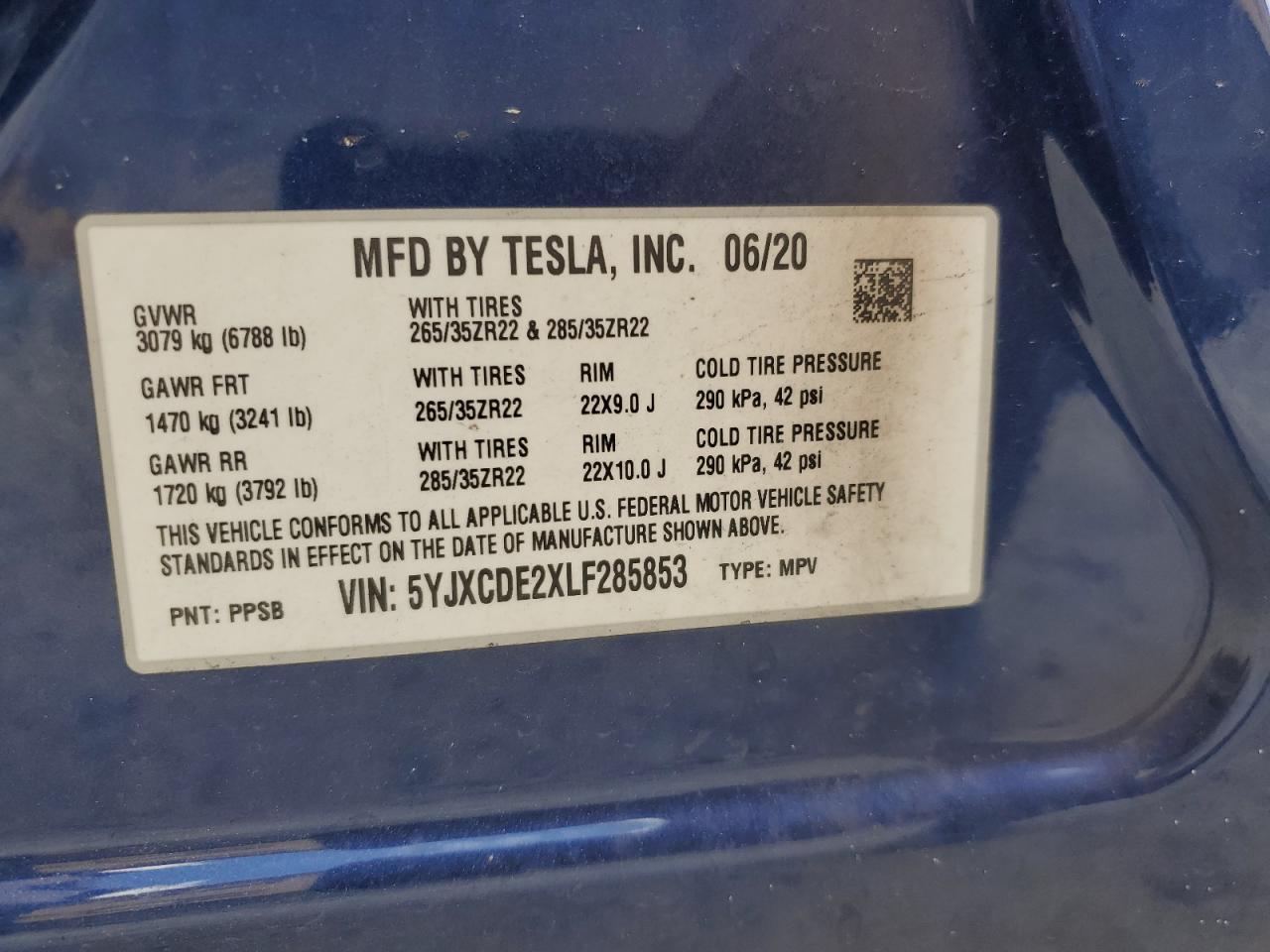 2020 Tesla Model X VIN: 5YJXCDE2XLF285853 Lot: 62228695