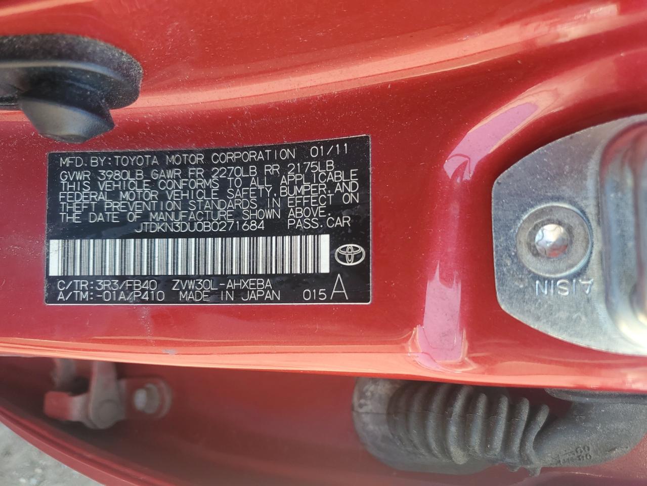 2011 Toyota Prius VIN: JTDKN3DU0B0271684 Lot: 62629085