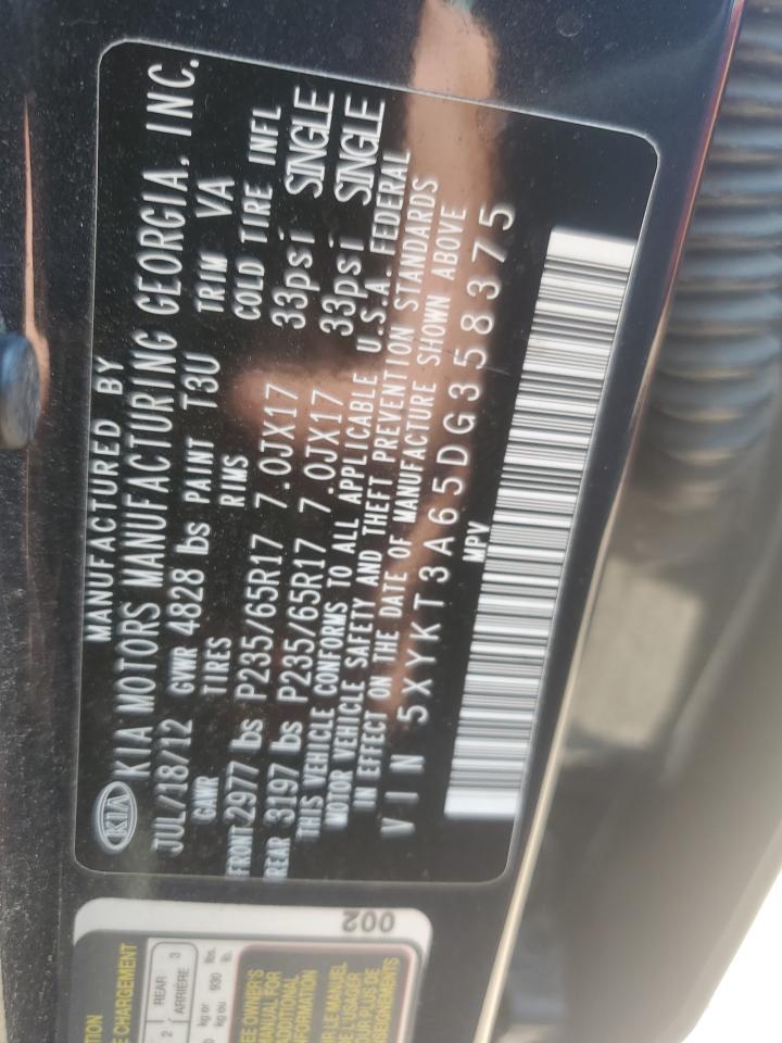 2013 Kia Sorento Lx VIN: 5XYKT3A65DG358375 Lot: 62609045