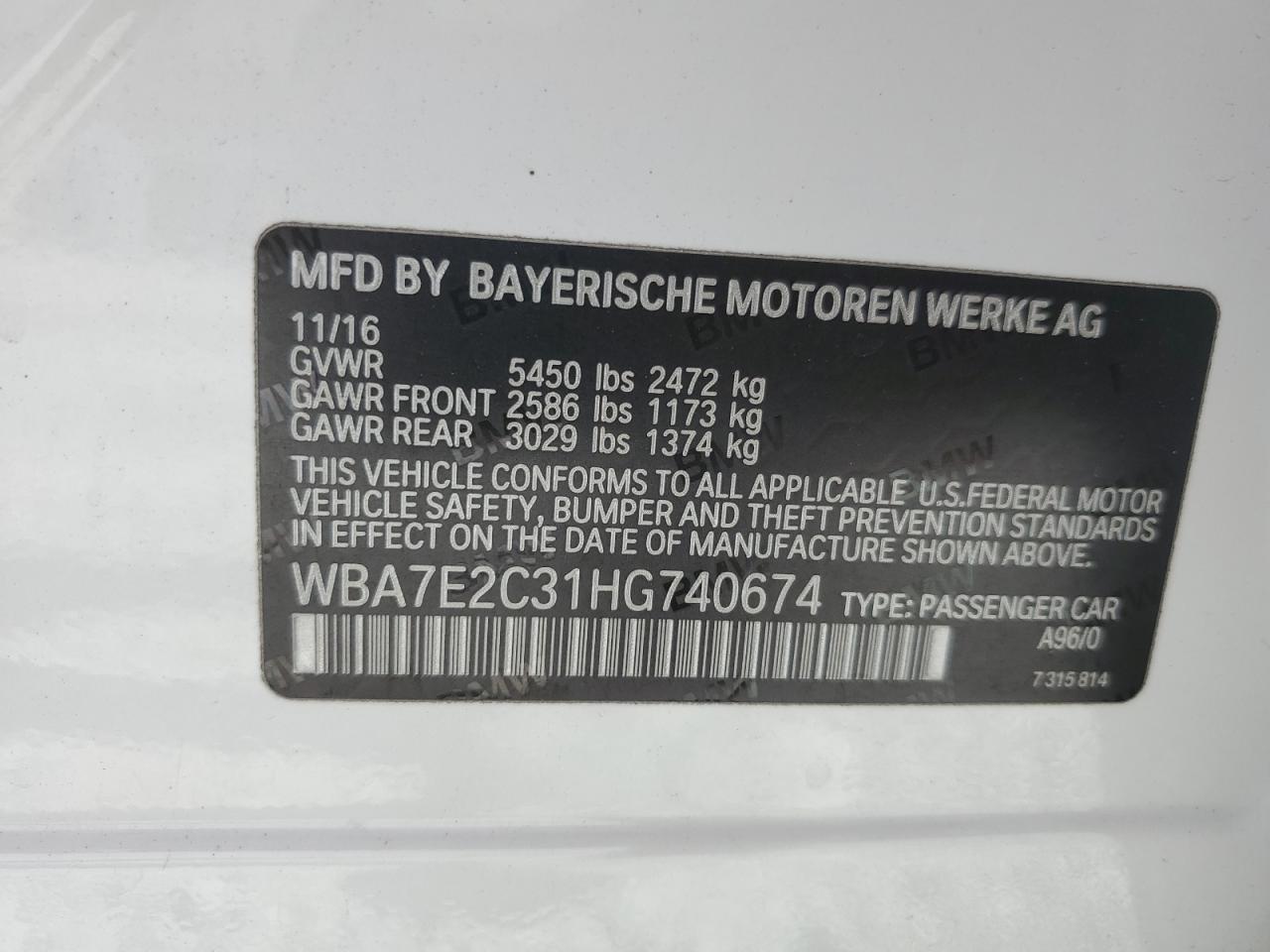 2017 BMW 740 I VIN: WBA7E2C31HG740674 Lot: 62059545