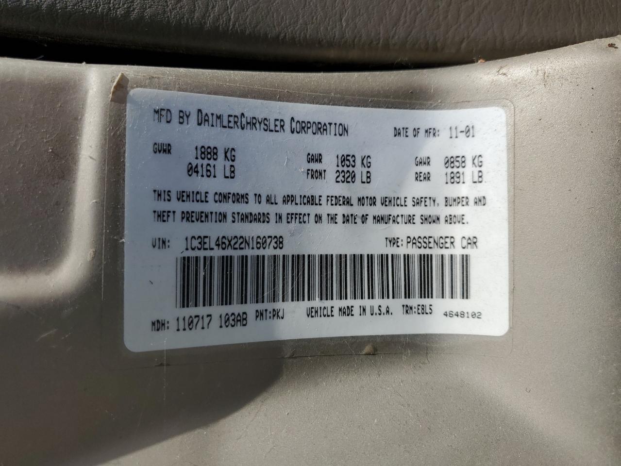 2002 Chrysler Sebring Lx VIN: 1C3EL46X22N160738 Lot: 60924715