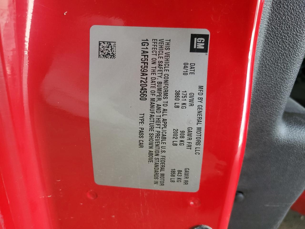 2010 Chevrolet Cobalt 2Lt VIN: 1G1AF5F59A7204560 Lot: 62303675