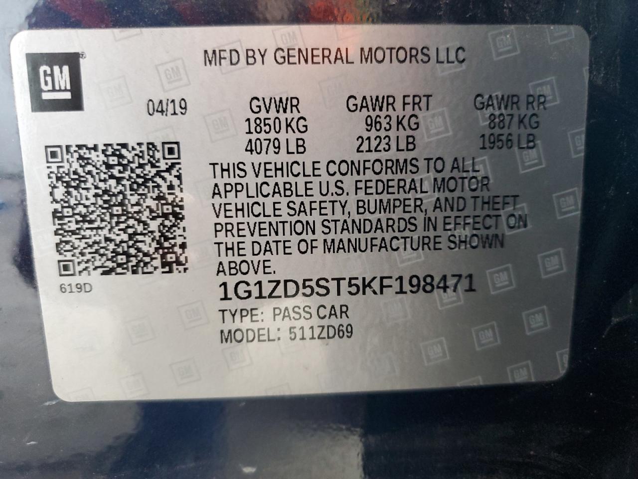 2019 Chevrolet Malibu Lt VIN: 1G1ZD5ST5KF198471 Lot: 62836465