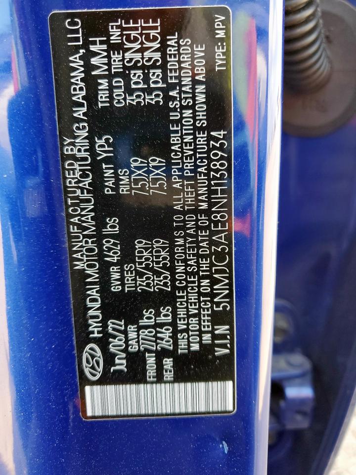 2022 Hyundai Tucson Sel VIN: 5NMJC3AE8NH138934 Lot: 59601545