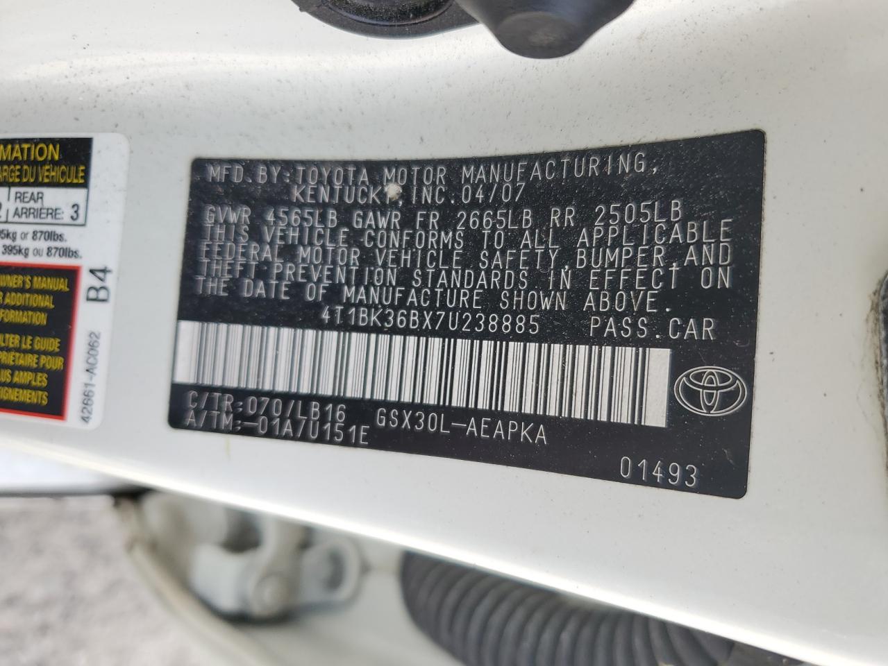 2007 Toyota Avalon Xl VIN: 4T1BK36BX7U238885 Lot: 60462785