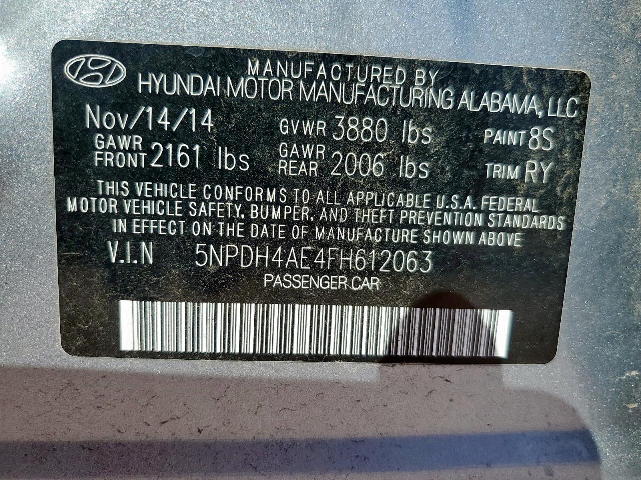 HYUNDAI ELANTRA 2015 VIN 5NPDH4AE4FH612063 zdjęcie 12