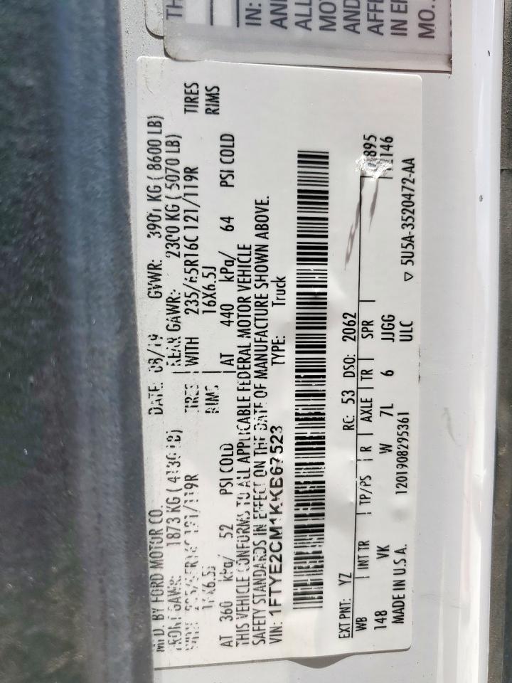 2019 Ford Transit T-150 VIN: 1FTYE2CM1KKB67523 Lot: 59905845