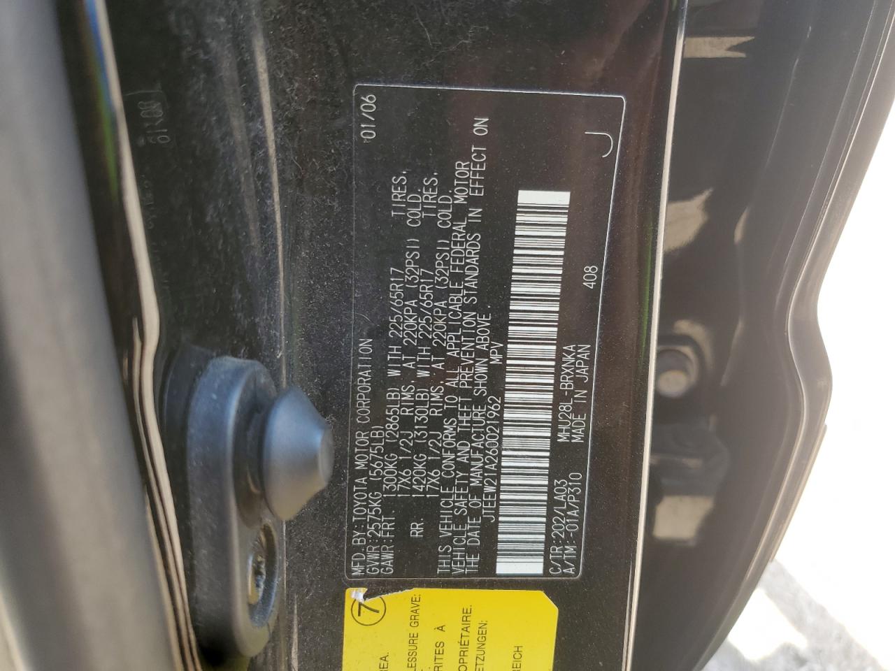 2006 Toyota Highlander Hybrid VIN: JTEEW21A260021962 Lot: 62699395