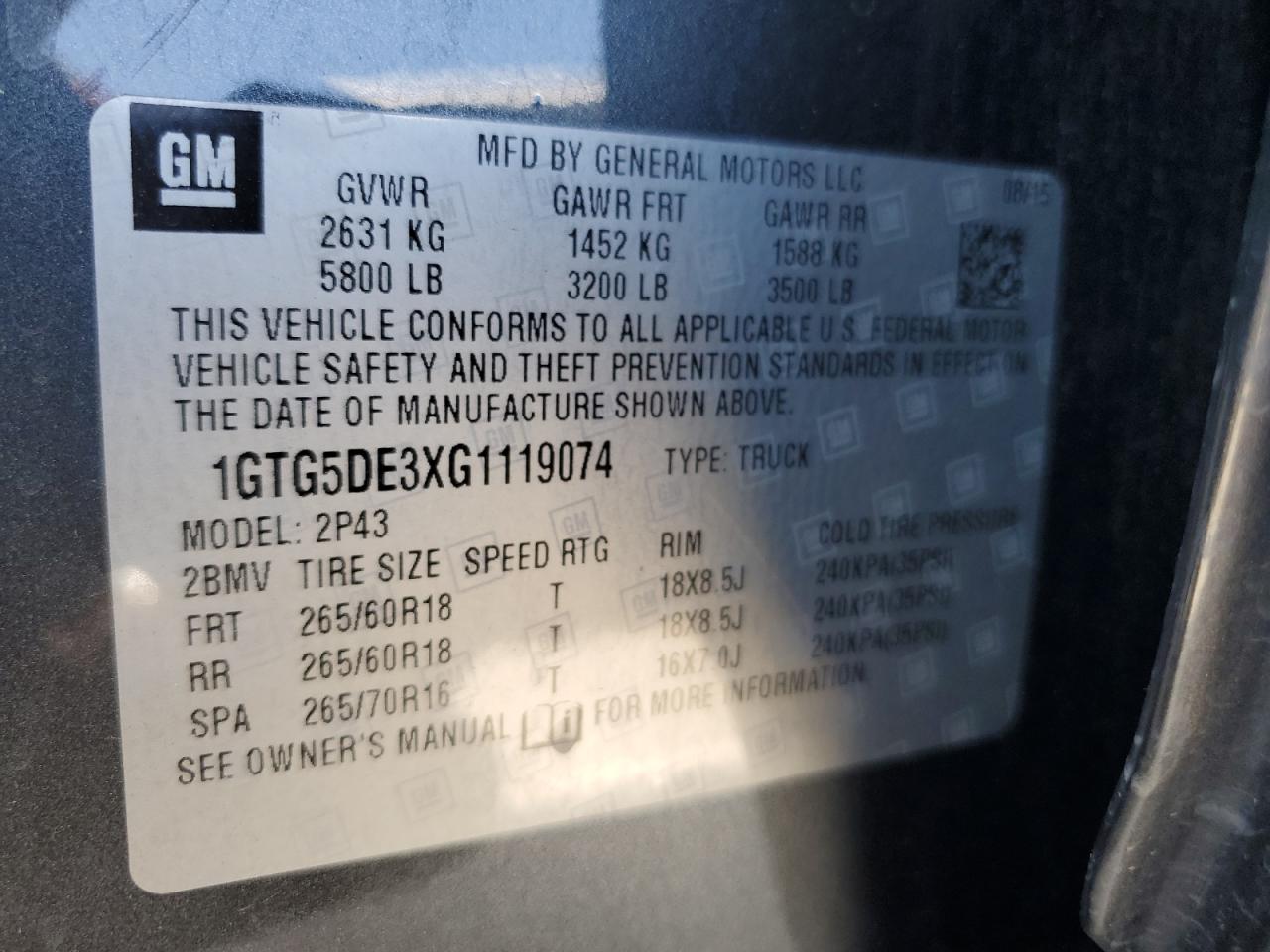 2016 GMC Canyon Slt VIN: 1GTG5DE3XG1119074 Lot: 62793125