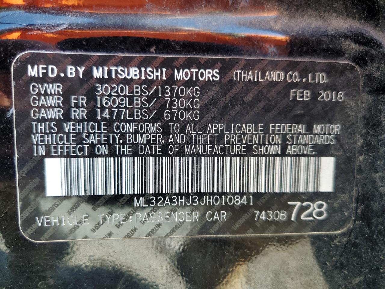 2018 Mitsubishi Mirage Es VIN: ML32A3HJ3JH010841 Lot: 61919645